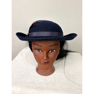 Dark Blue Wool Felt Fedora Hat with Feathers and Ribbon Accent